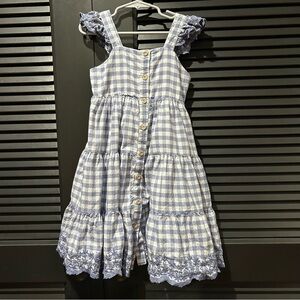 Shabby Chic Girls Cottagecore Cornflower Blue and White Dress, Size 5 Years